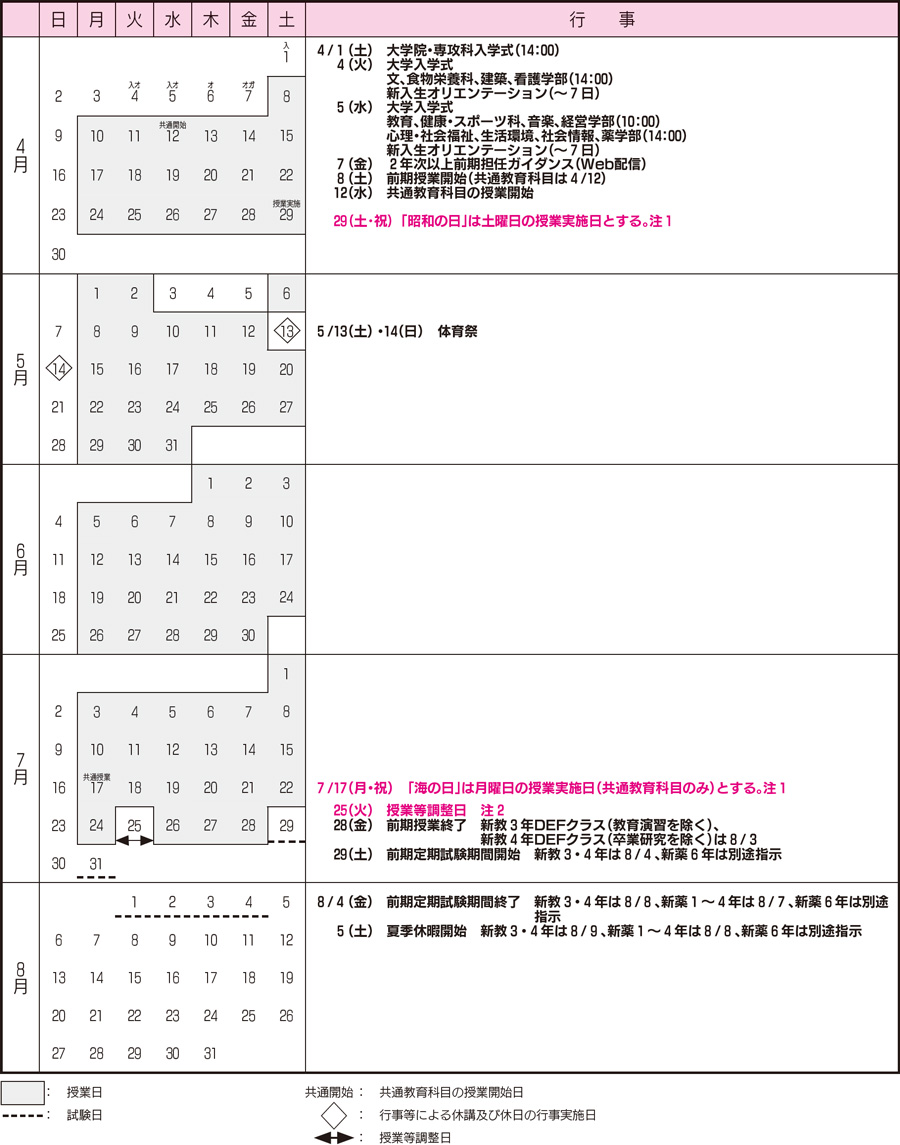 学年暦 ｜ 武庫川女子大学 教務部