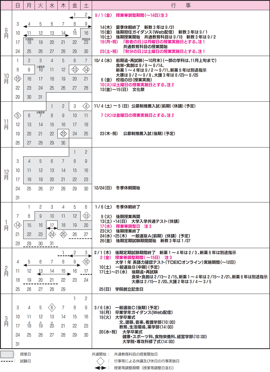 学年暦 ｜ 武庫川女子大学 教務部